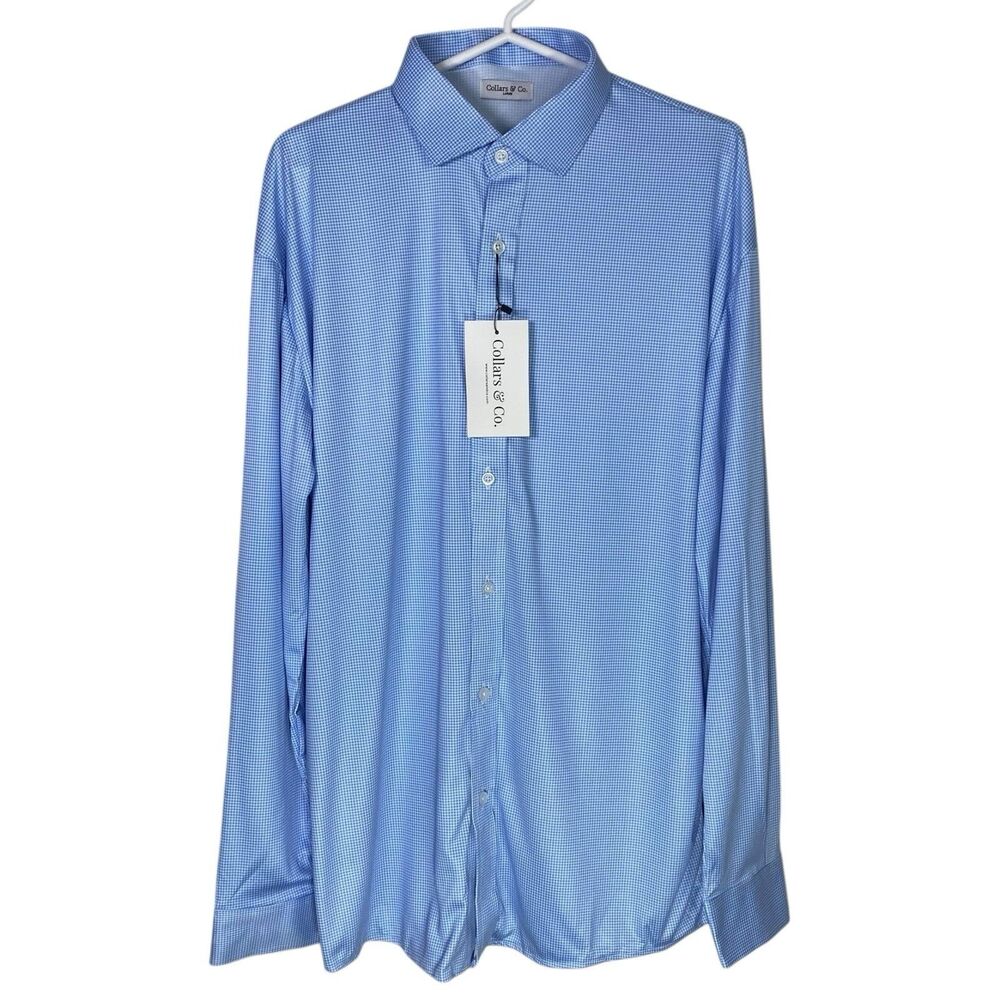 Collars & Co Polo Shirt Mens Small Blue Houndstooth Long Sleeve Button Up NWT